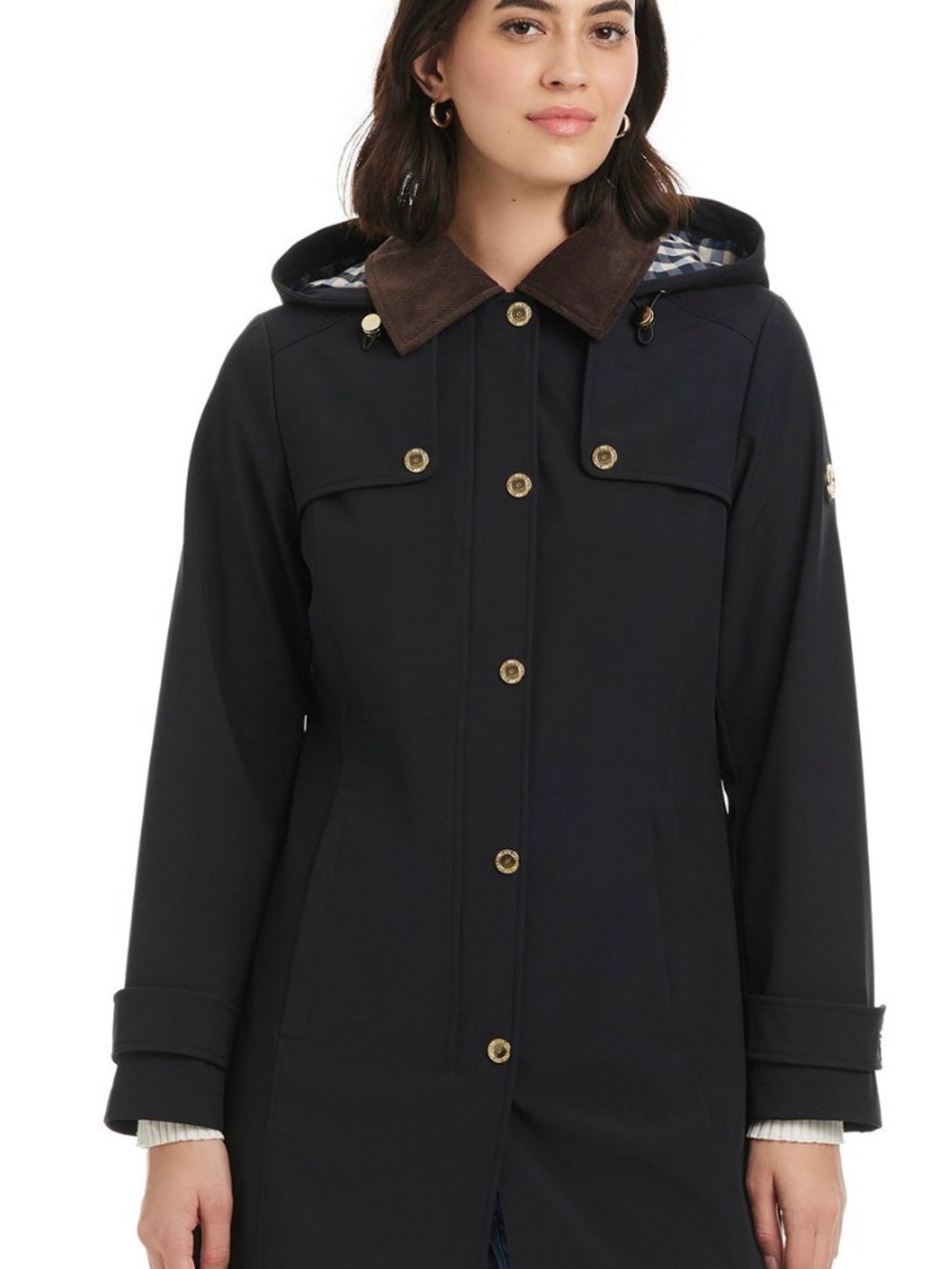 Jones New York Black Trench Coat with Brown Corduroy Collar - Picture 6 of 9